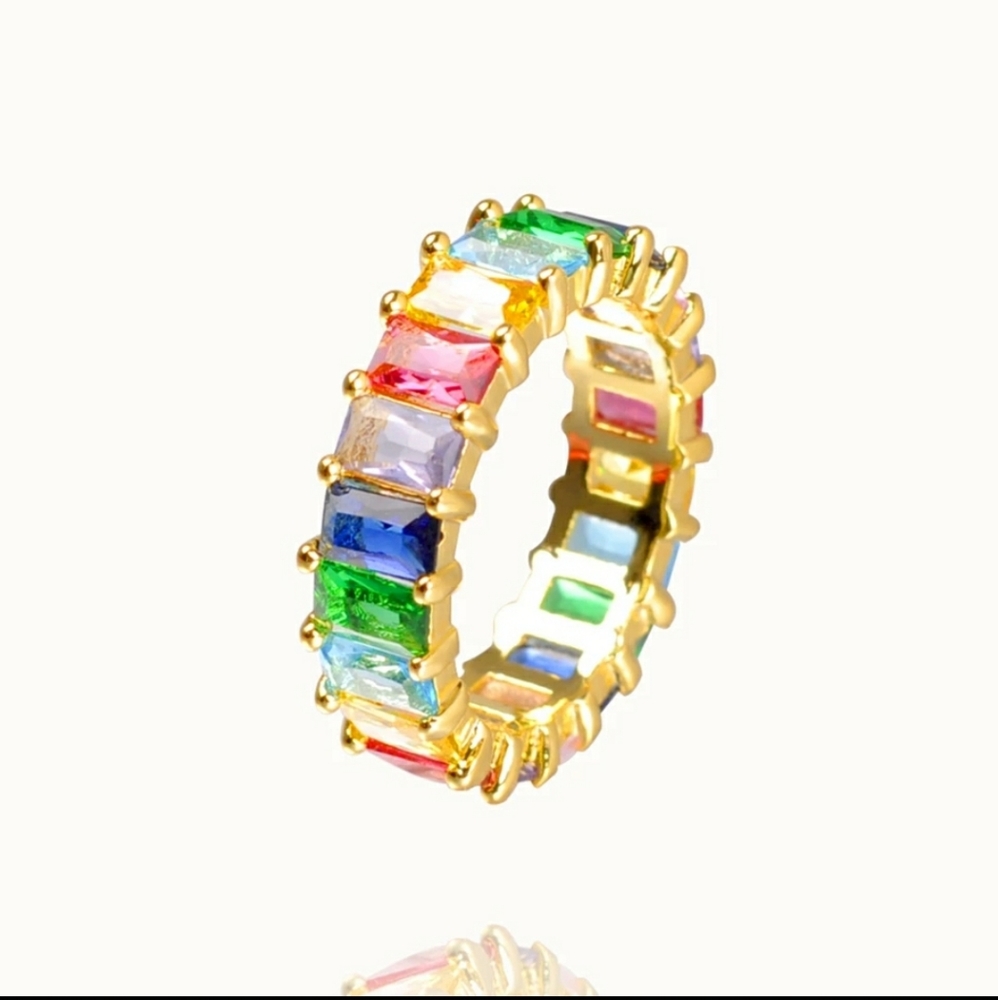 Rainbow 🌈 Beautiful multi stone ring sz 9, 925 silver with 18K Gold plated
